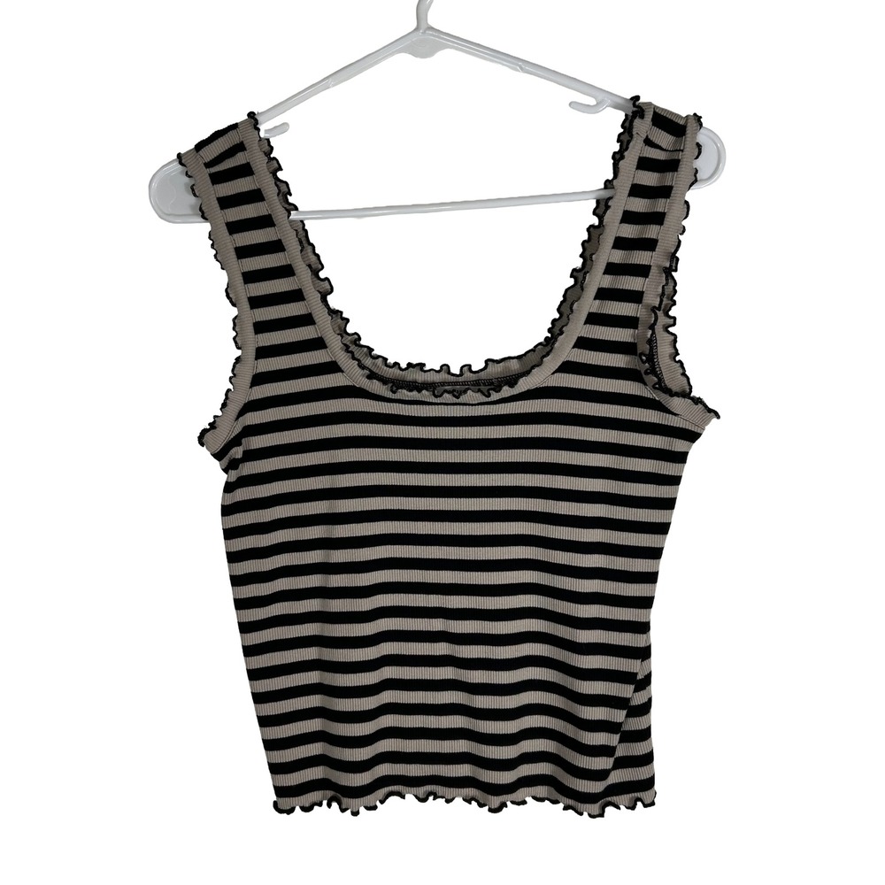 BB Dakota Steve Madden Tan Black Striped Lettuce Edge Ribbed Tank Top Medium
